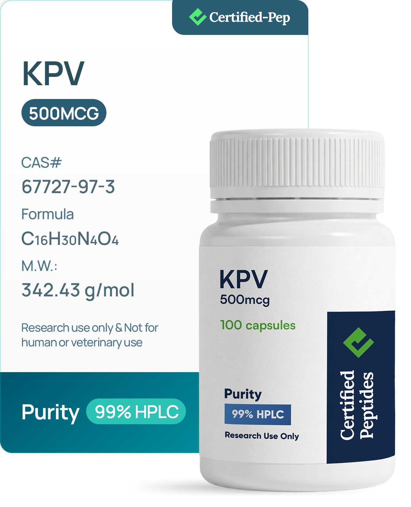 d1090d292bb9540fd14f04f893f9ea5577febc72 KPV 500 mcg 100 Capsules